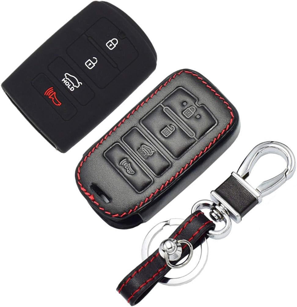 MJKEY 1x Genuine Leather 1x Black Silicone Rubber Key Fob Protective 4 Buttons Smart Remote Key Fob Holder Key Case Cover For SY5KHFNA04 2017 2016 2015 2014 2013 Kia Cadenza K9 K7