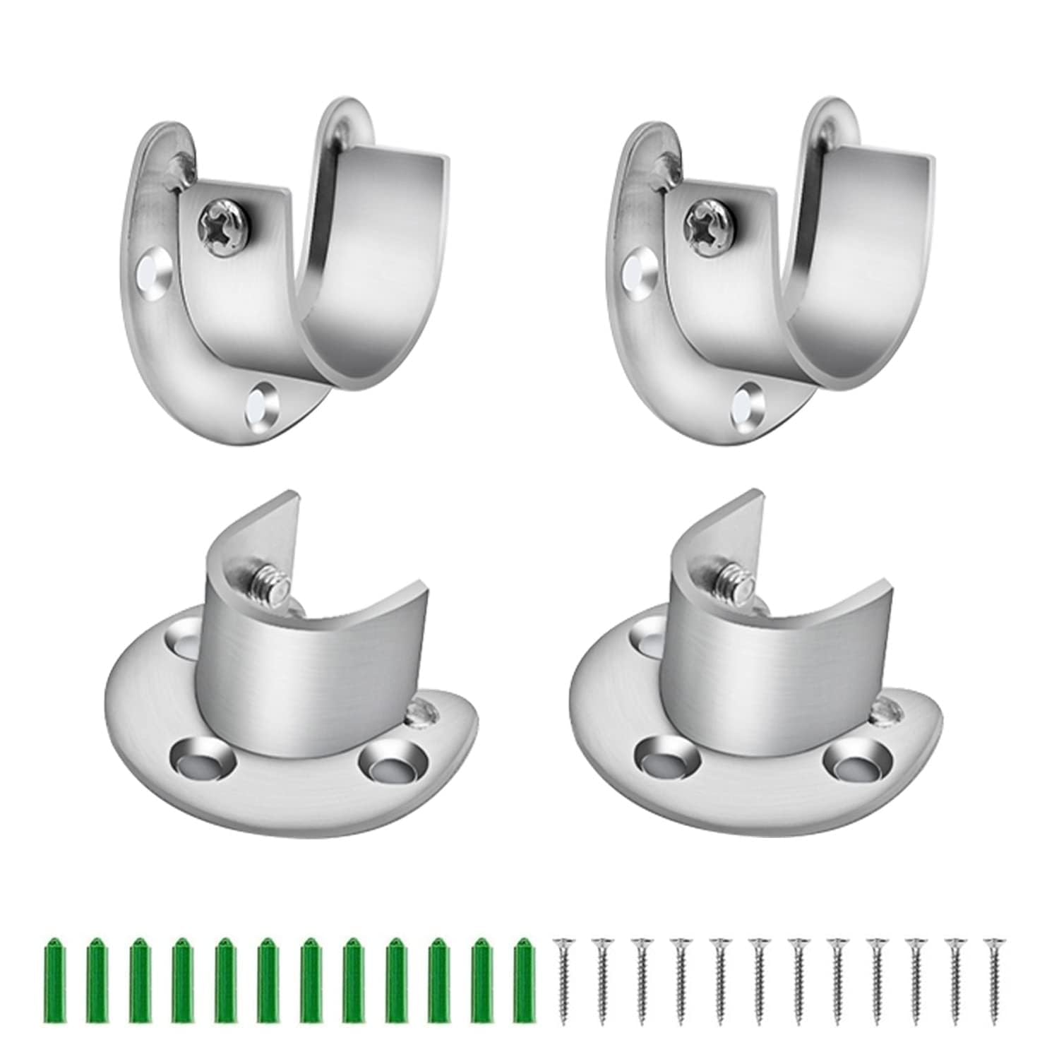 WJUAN 4-Pack Silver U-Shaped Wardrobe Rail Brackets (28mm) – Stainless Steel Wardrobe Pole Brackets with Screws & Wall Plugs for Curtain Poles, Towel Rods & Clothes Rails