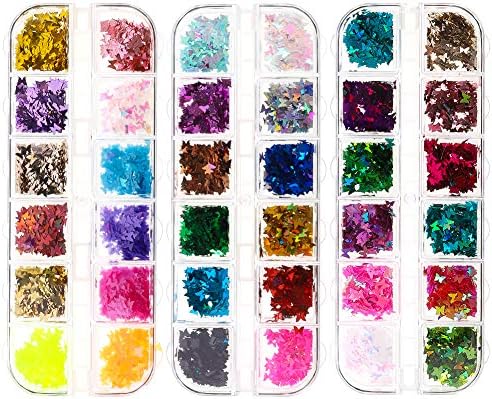 Hopeluckin 3個セット 36色 ネイルスパンコール 薄型 蝶 バタフライ オーロラ ネイルホロ スパンコール かわいい おしゃれ ジェルネイル レジンパーツ ネイルアート プロ 素人 グリッター デコレーション