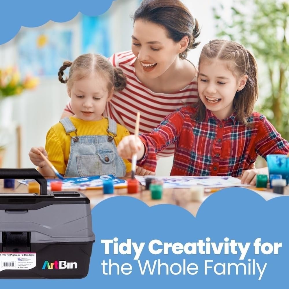 ArtBin 3-Tray Art Supply Box Versatile Organizer for Brushes, Paints, Stamps, and More - Durable Hard Plastic, Secure Closure, Portable with Top Trays and Dividers