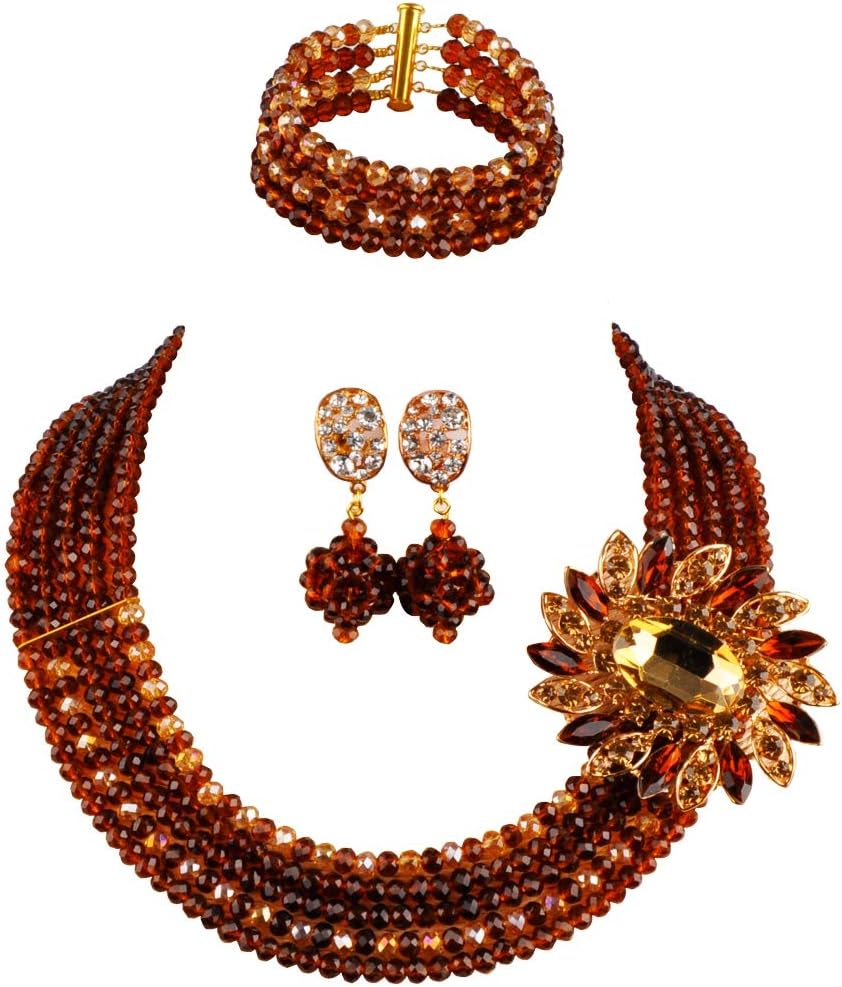 aczuv 5 Rows Nigerian Beaded Jewelry Set Women African Wedding Beads Crystal Necklace and Earrings