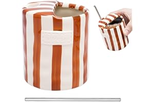 10oz Ceramic Coffee Mug, Coffee Mug Espresso Cup with Sip Hole, Hand Painted Striped Art Ceramic Travel Mug with Straw, Large