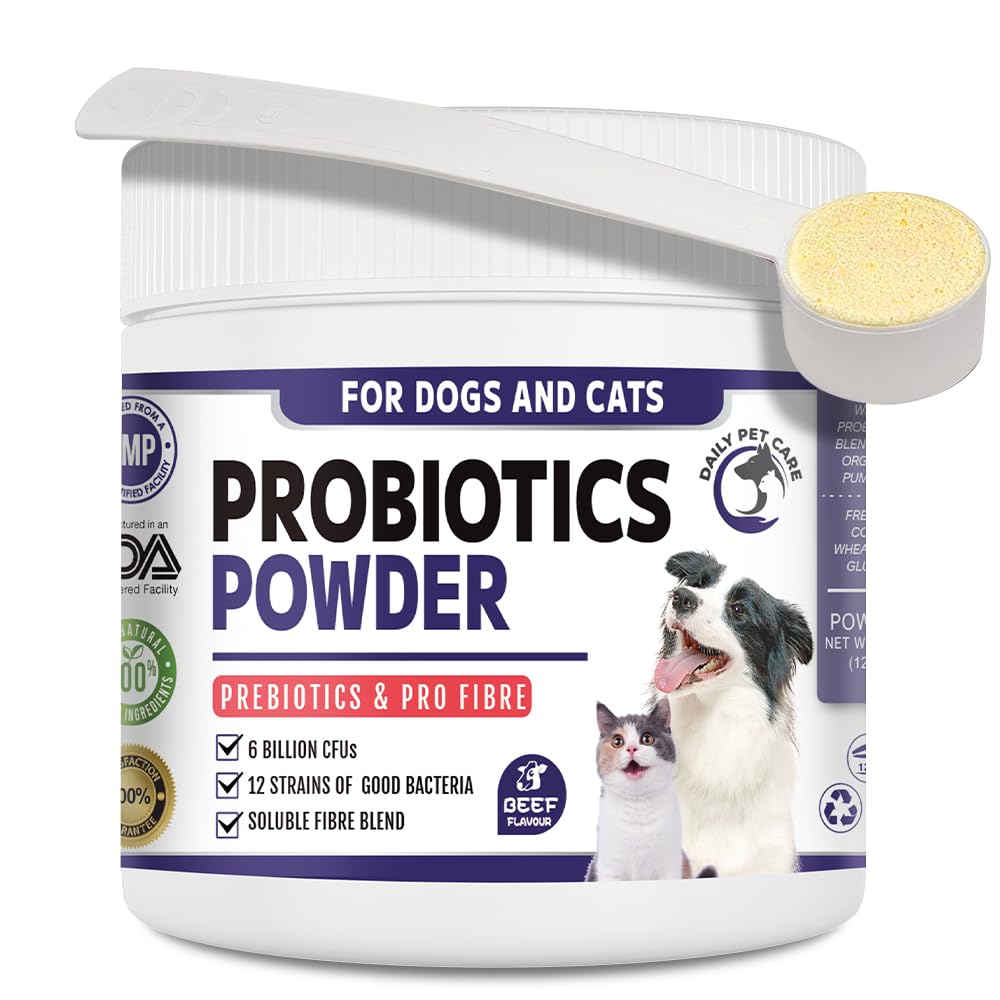 Pre Probiotics For Dogs Powder, 6BIL CFUs, 12 Strains Good Bacteria, Pro Fibre & Digestive Enzymes Powder | Probiotic Dog & Probiotics For Cats | Prebiotics & fibre for dogs and cats