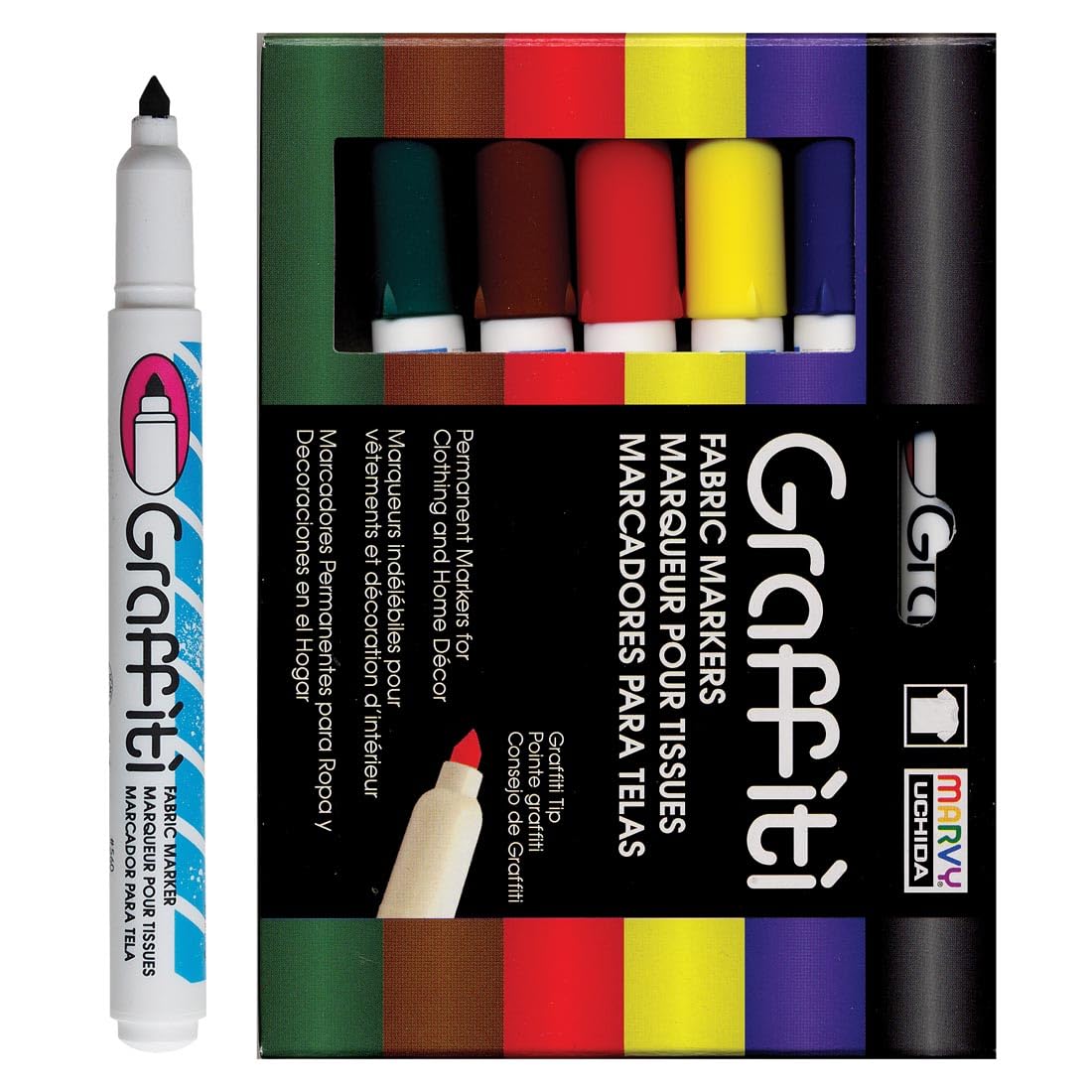Uchida Graffiti Fabric Markers 6/Pkg-Primary, Other, Multicoloured, 3.65 x 16.09 x 12.16 cm