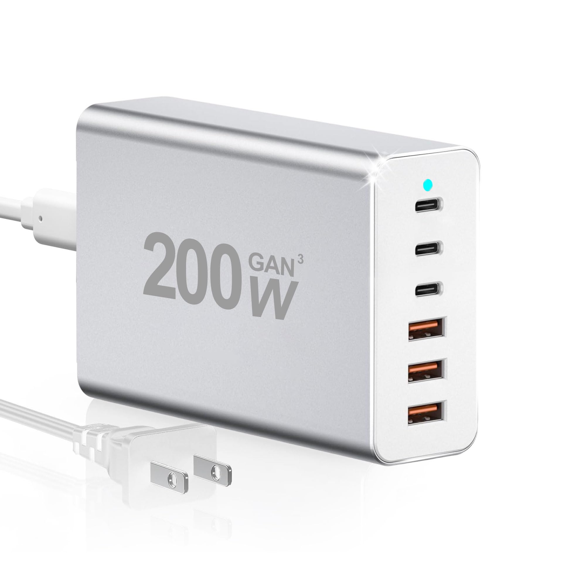 USB C Charger Block, 200W 6 Port Type C Charging Station Hub Block Cube, Wall Charger Adapter Plug for iPad iPhone 17 16 15 14 13 12 Pro Max Pixel Note Galaxy, More. (Silver, 3a3c)