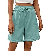 Oymyakon Women's Bermuda Long Shorts Summer 8'' High Waisted Casual Short Elastic Drawstring Pull On Short with Pocket