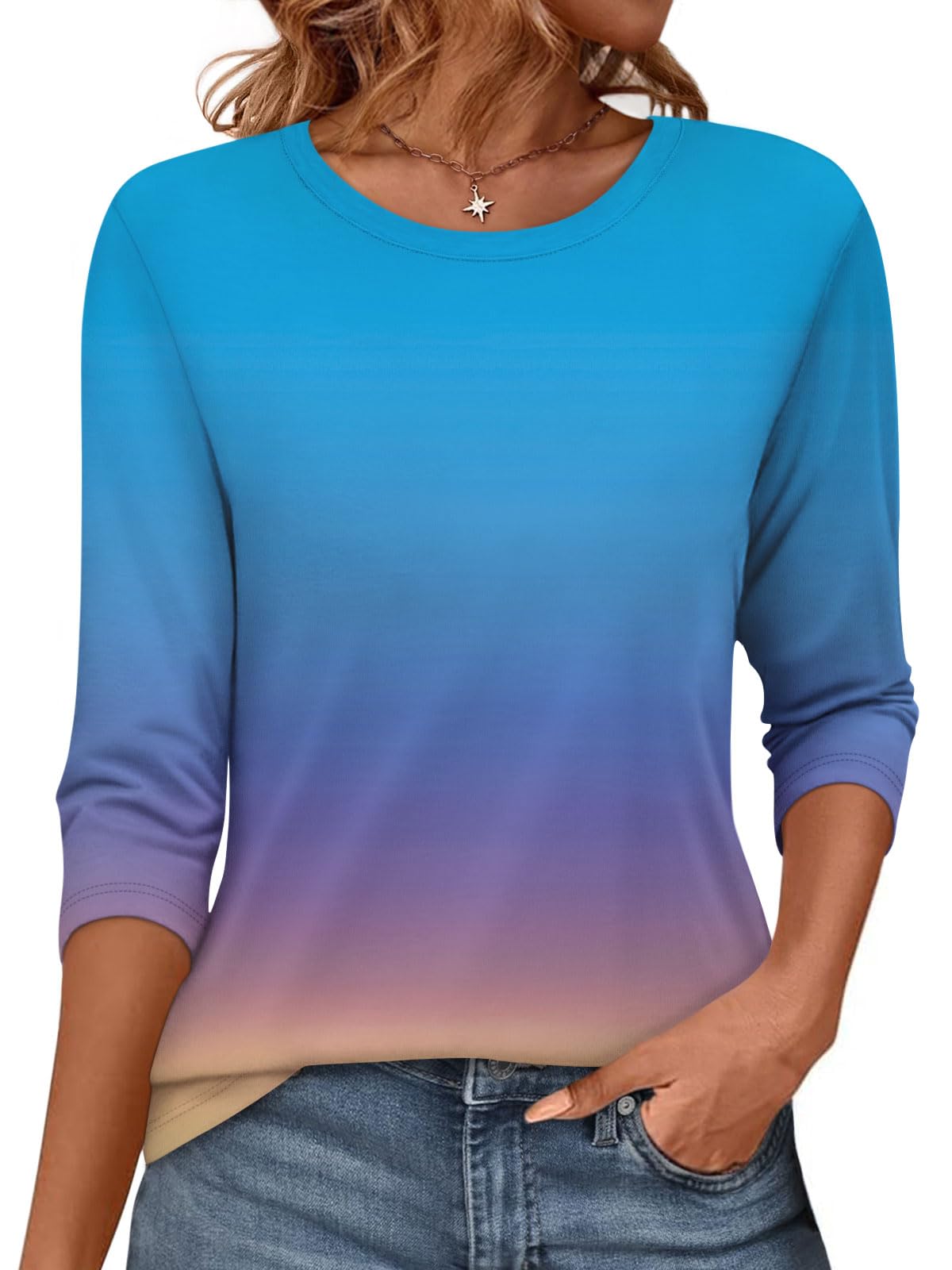 Photo 1 of Womens 3/4 Sleeve Tops Crewneck Summer Solid Casual Tee Shirts Floral Printed Blouse Loose Dressy Tunic Gradient Blue Purple