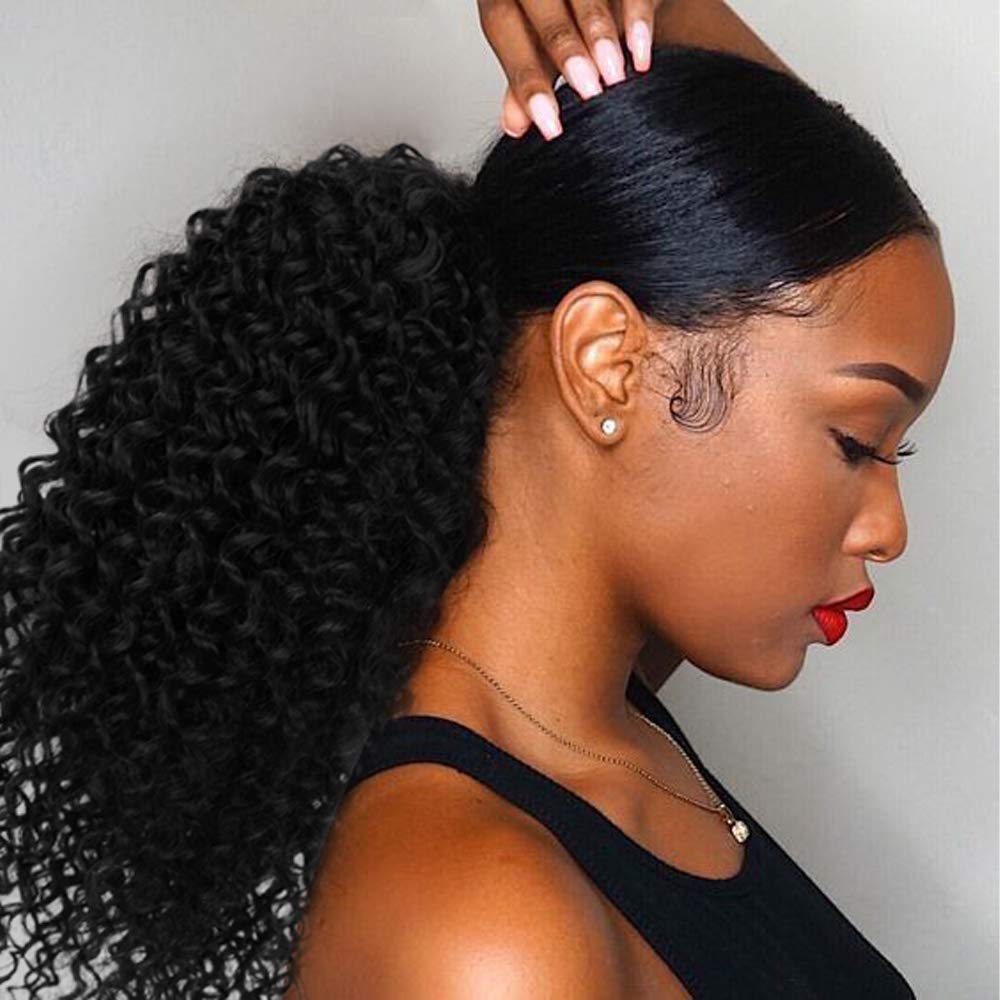 Afro Kinky Curly Ponytail for Women Drawstring Ponytail Synthetic Hair Extension Afro Drawstring Curly Pony tail with Clip in Hairpiece (1B#, 16 inch (Pack of 1))