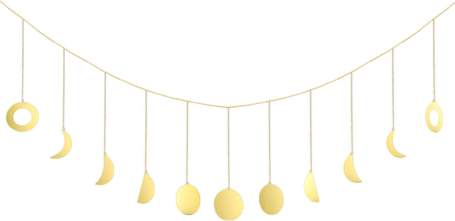 LEEPES Moon Decor Wall Decorations Boho Accents Wall Decor Moon Phases Wall Art Moon Phase Wall Hanging Bohemian Decor for Bedroom, Home, Living Room, Apartment or Dorm (Banner, Gold Metal)