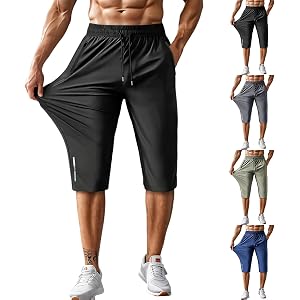 Bakgeerle Capri Workout Pants for Men Ice Silk Quick Dry Running Capris Stretchy Relaxed Elastic Waist Athletic Sport Clothes