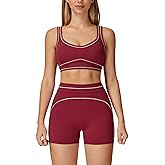 PQBPQB Women 2 Piece Workout Sets U Back Color Block Sports Bra High Waist Tummy Control Active Shorts Yoga Pilates Outfits