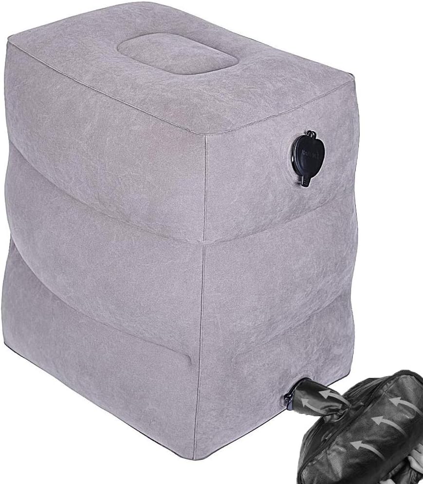 Vedusal Inflatable Airplane Footrest Pillow Travel Bed for Kids, Adjustable Height with Air Pump, Suit for Airplane, Cars, Buses, Trains, Office, Grey.