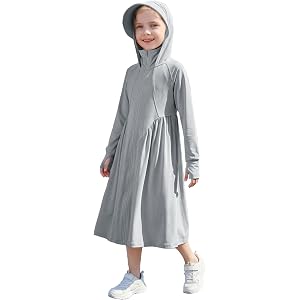 Ahaolaiyi Girls UPF 50+ Sun Protection Hoodie Dress Detachable Brim | Long Sleeve Kids Beach Swimsuit Coverup