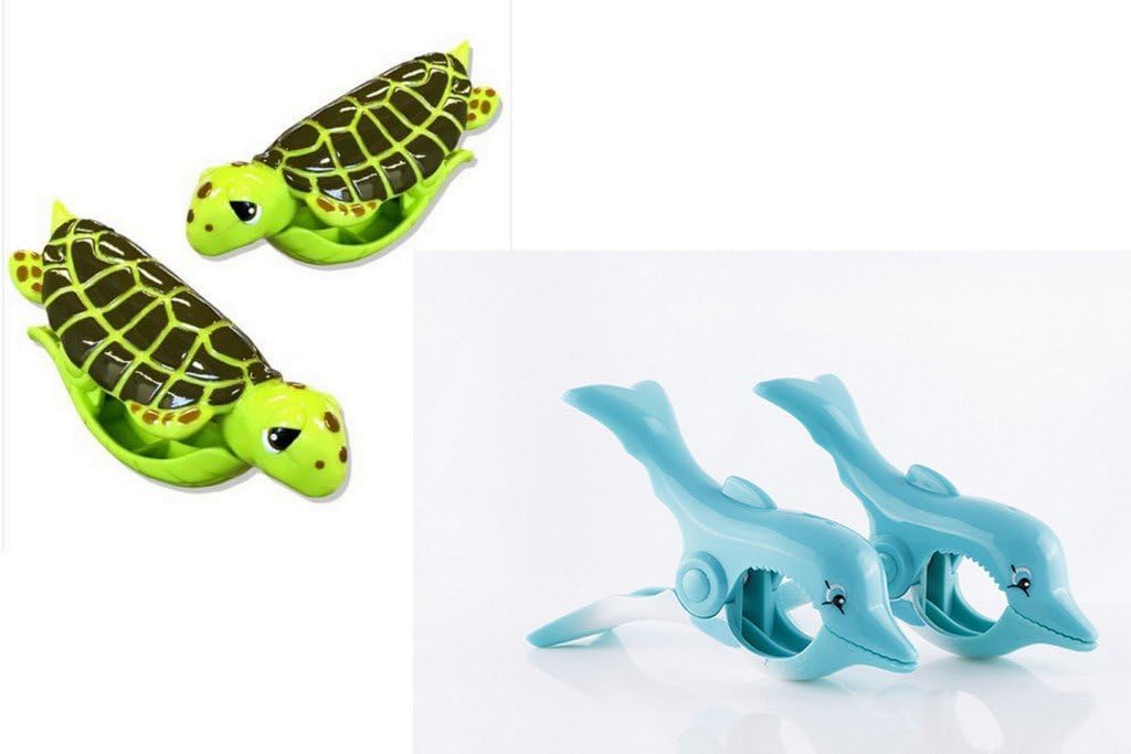 Boca Clips BEACH TOWEL PEGS - 2 PAIRS - SEA TURTLES & DOLPHINS