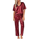 Ekouaer Satin Pajama Set for Women Short Sleeve Silky Pjs 2 Piece Lounge Sets Soft Comfy Sleepwear Loungewear S-XXL