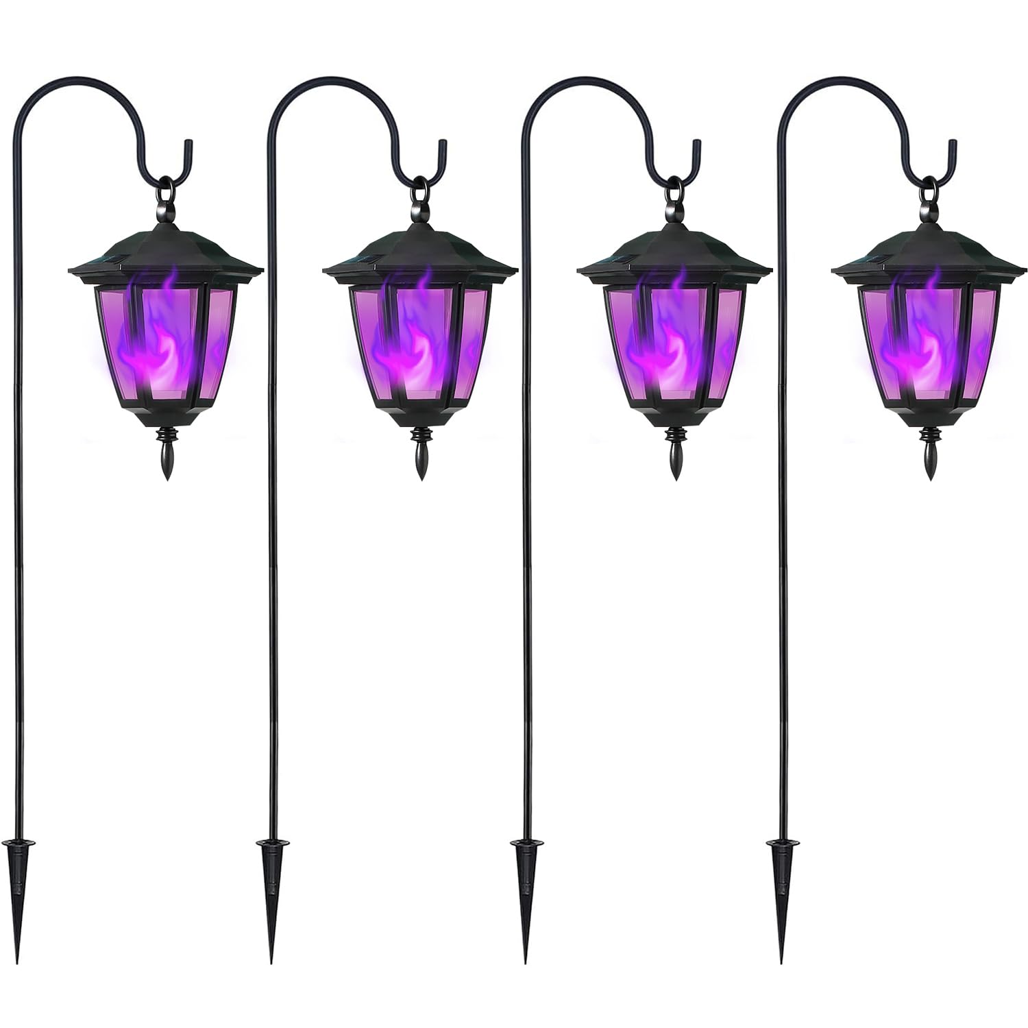 Photo 1 of Dynaming 4 Pack Solar Halloween Flame Hanging Lights Outdoor, Flickering Flame LED Garden Lanterns with 4x38 Inch Shepherd Hooks, Landscape Lighting Waterproof for Lawn Yard Pathway Driveway, Purple