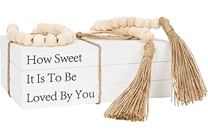 OMISHE Decorative Books for Home Decor, White Faux Books for Decoration, Decor Books, Fake Books, Love Decor Stacked Display Books with Wood Bead Garland for Coffee Table Living Room (Love You)