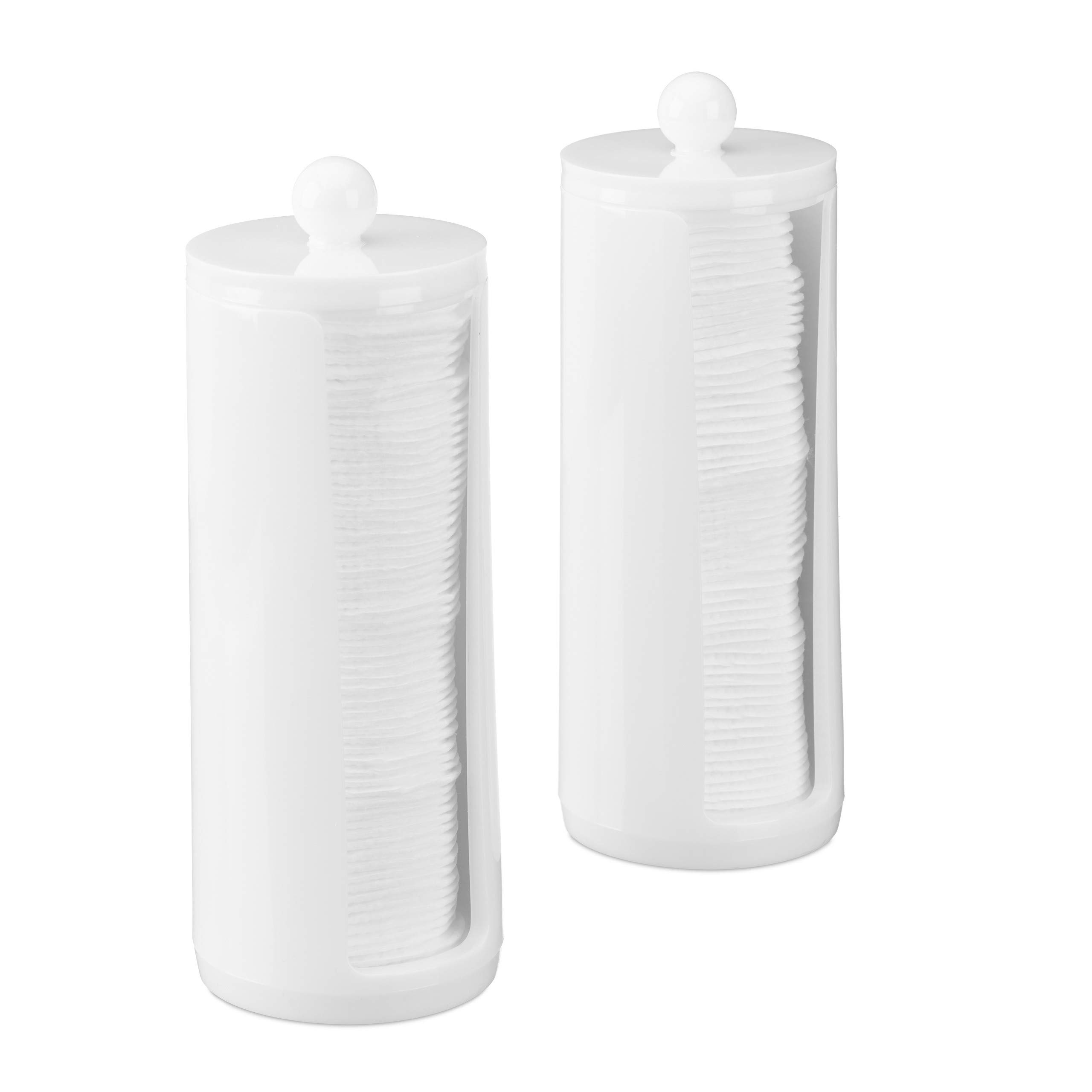 Relaxdays Cotton Pad Storage Tower Set of 2, Acrylic, Round, Lidded Bathroom Dispenser, 20x7 cm, White