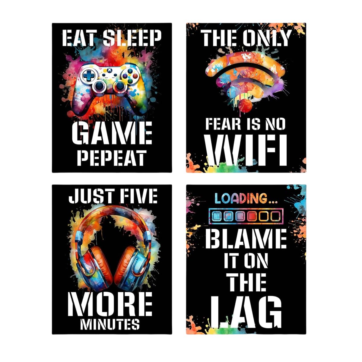 Kepuarm 25 * 10cm 4Pcs Framed Watercolor Video Game Theme Canvas Wall Art Watercolor Gaming Themed Picture Wall Decor Prints Poster for Office Home Wall Decor Colorful Modern Artwork (Colorful)