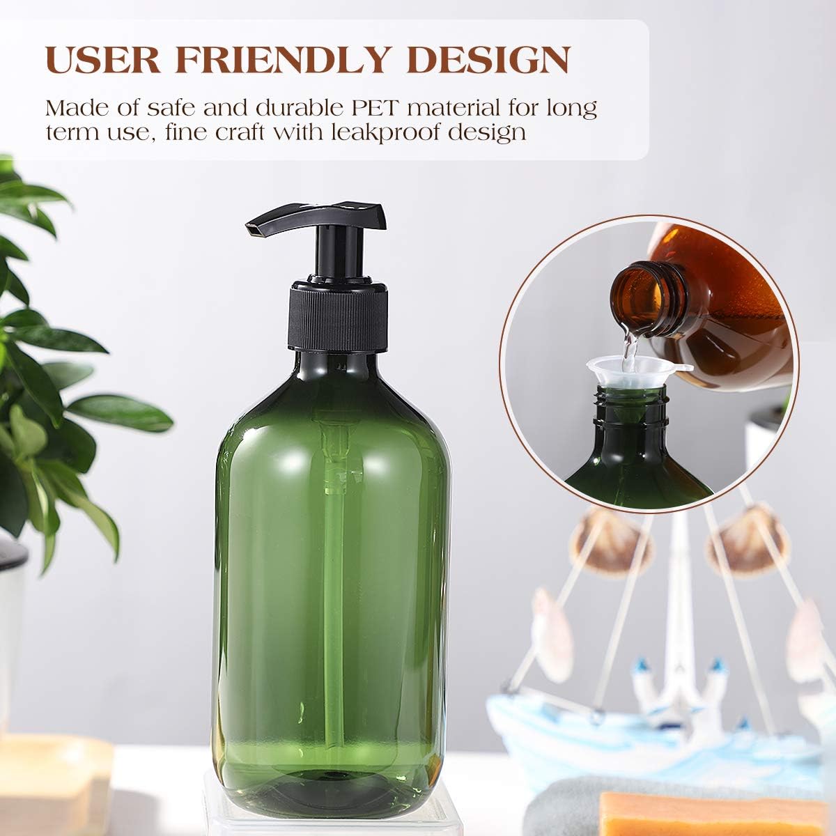 TOPBATHY 2PCS 500ml Empty Shampoo Bottles Opaque Versatile Pump Bottle Drip-free Lotion Container Hand Soap Dispenser with 2Pcs Funnel (Green+Brown) - Image 3