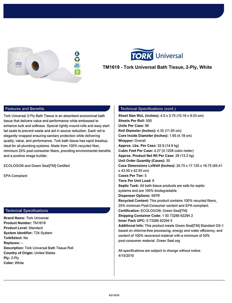 Tork Universal TM1619 Bath Tissue Roll, 2-Ply, 4" Width x 3.75" Length, White, Green Seal Certified (Case of 96 Rolls, 500 Per Roll, 48,000 Sheets): Industrial & Scientific