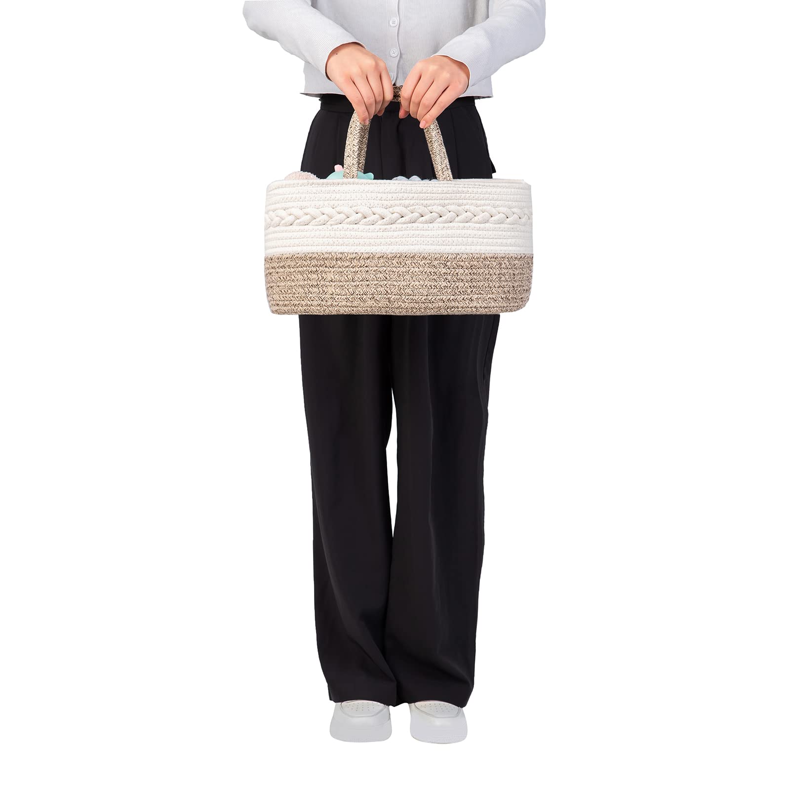 Baby Diaper Caddy Organizer, Portable Nursery Storage Basket with Changeable Compartments, 100% Cotton Woven Rope Baskets, Car & Changing Table Tote, Newborn Gift