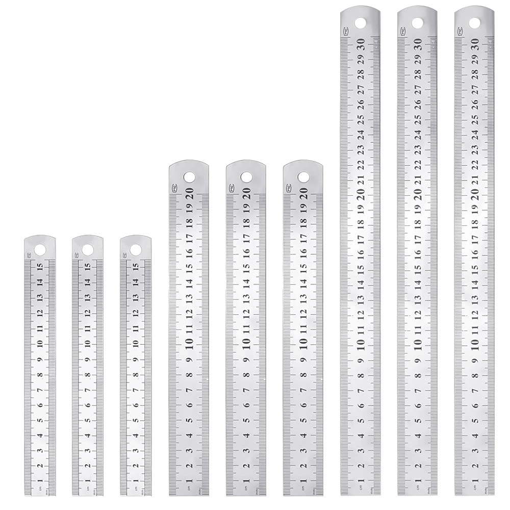 STCRERAG Stainless Steel Ruler Set Metal Rulers 9 pcs with 6/8/12inch Precision Rule Kit Double Side Metric and Imperial Precision Straight Edge,Measuring Tool for Engineering,Teaching — image 1