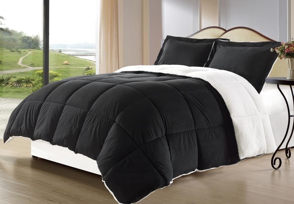 Cozy Beddings Borrego Twin Size 2 Piece Black Color Down Alternative Comforter Set/Blanket with Pillow Shams, Sherpa and Berber Fabric Bed Cover