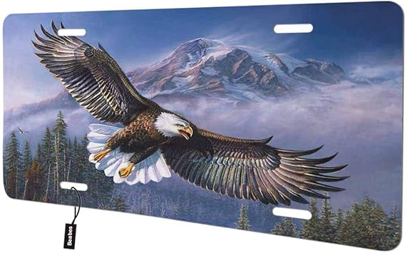 Beabes Bald Eagle Flying In The Sky Front License Plate Cover Mountain Snow Forest Trees Wings Decorative License Plates For Car Aluminum Novelty Auto Car Tag Vanity Plates For Men Women 6x12