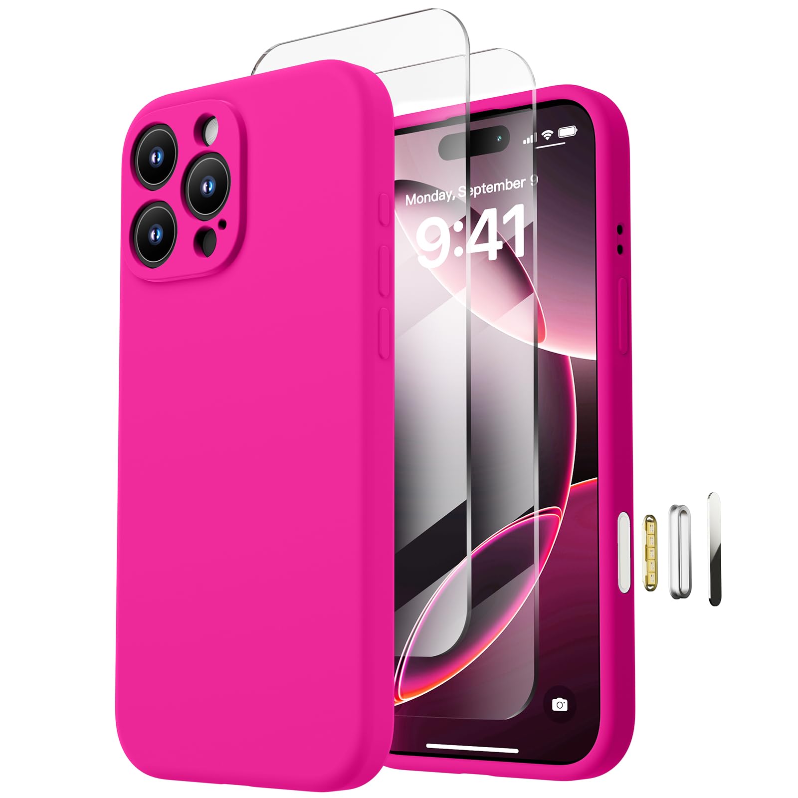 Loyal Bee Magnetic for iPhone 16 Pro Case, Compatible with MagSafe, with 9H Nano Screen Protectors, Full Camera Protection, Silicone Shockproof Microfiber Lining Phone Case 6.3", Hot Pink
