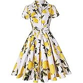 Women Notch Lapel Vintage Short Sleeve V-Neck Cocktail Swing Dress Fruit Lemon Print 50s 60s Audrey Hepburn Rockabilly Prom Dress Button up A Line Wedding Party Evening Dress with Belt Yellow Small
