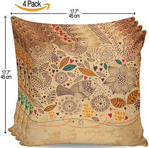 Serra Home 4-Pack Decorative Dark Beige Black Shapes Leaf Bird, 18" x 18" Throw Pillow Covers Set Turkish New Design Linen Square Made in Turkey Patterned Cases Couch Cushion for Sofa Bedroom