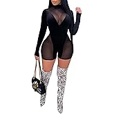 Uni Clau Women Sexy See Through Long Sleeve Short Jumpsuits Sheer Mesh Patchwork Skinny Pants Club Rompers