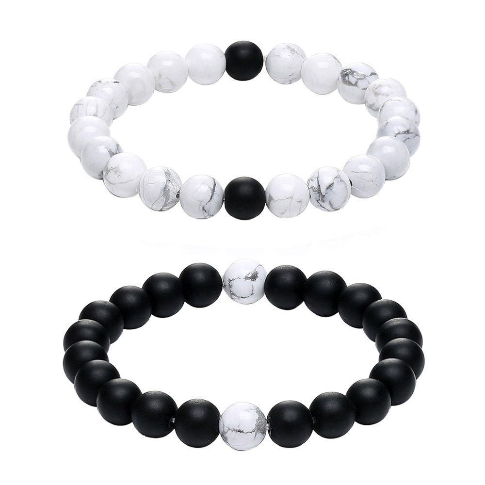 Gagafeel His Hers Black Matte Agate & White Howlite 8mm Beads Long Distance Relationship Couple Bracelet (2# 8mm)