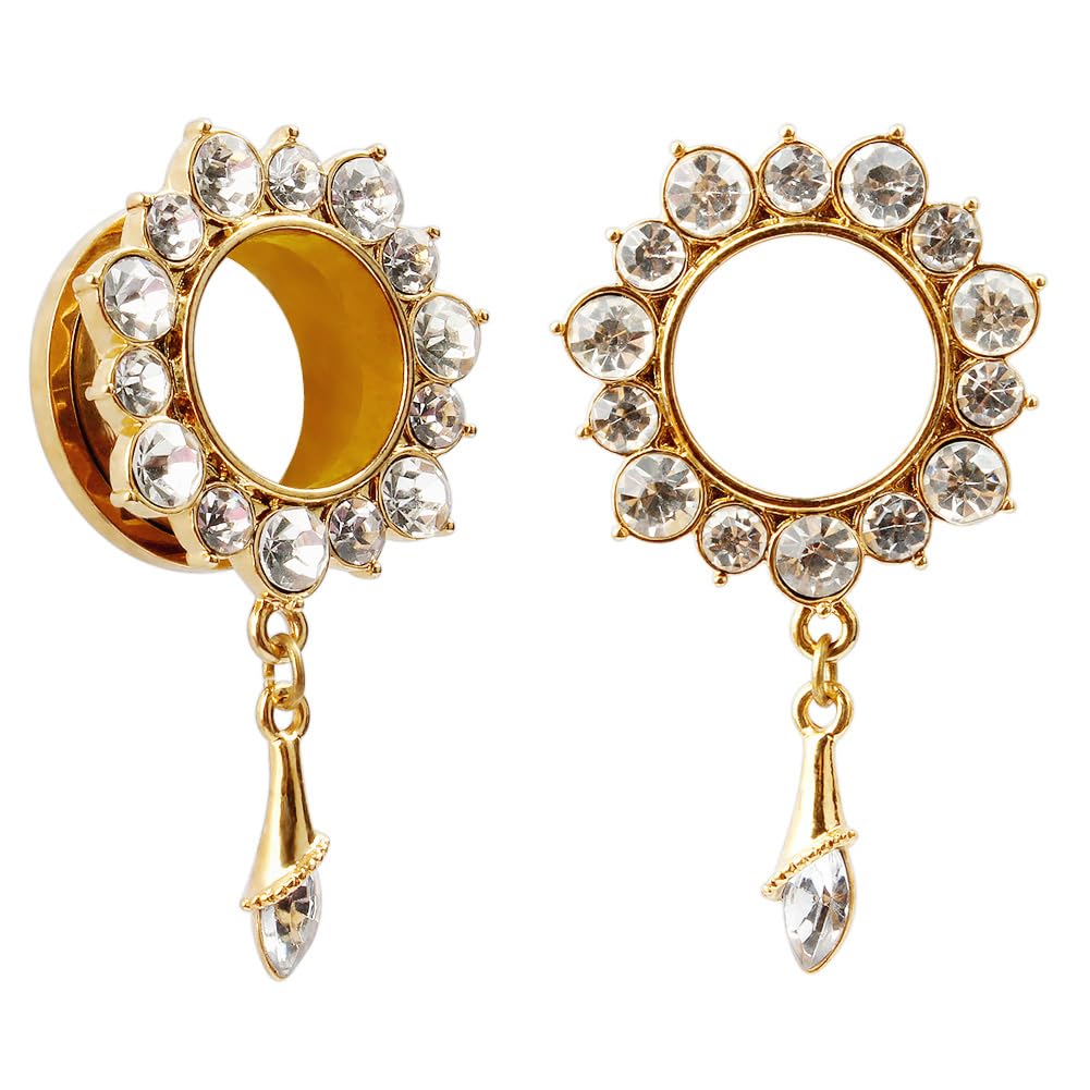KUBOOZ Gemmed Flower Drop Eyelets Gold Plated Stainless Steel Flare Screw Back Ear Tunnels Plugs Gauges 14mm
