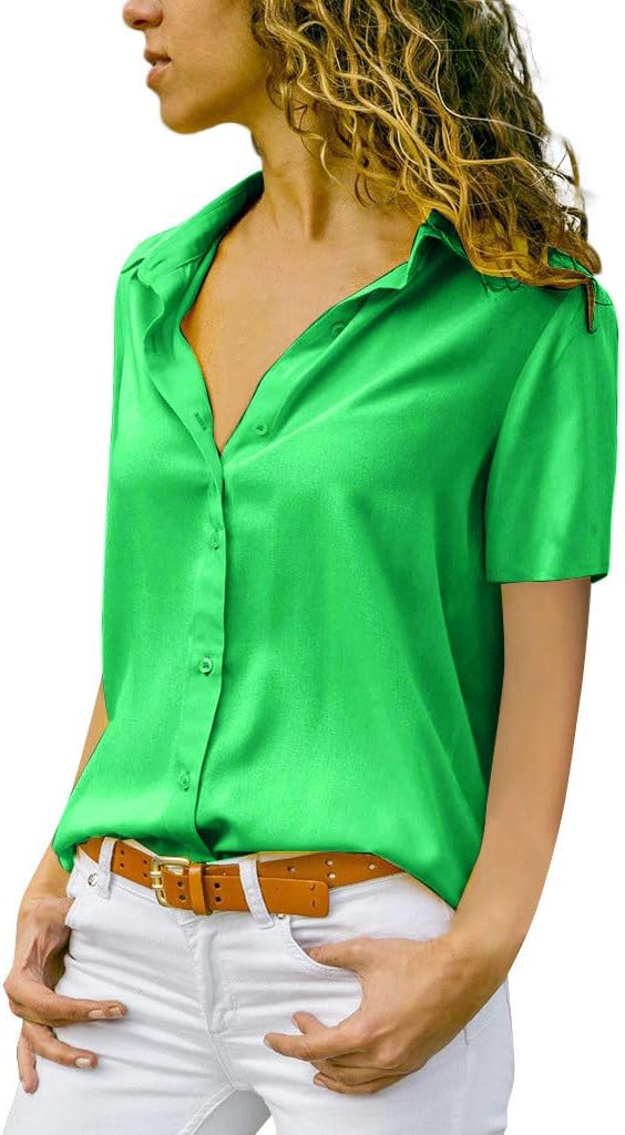 Women Blouses Short Sleeve Chiffon Causal Solid Fashion Plus Size Button Tshirt Sale Slim Fit Cool Summer Elegant Tops