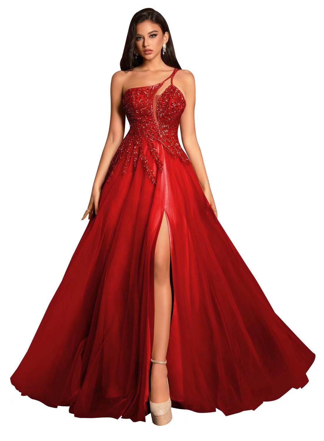 Plus Size Prom Dresses with Slit Tulle One Shoulder