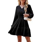 ETOSELL 2026 Womens Mini Dresses Long Sleeve Casual V Neck Empire Waist Ruffle Swing A-Line Dress with Button Decoration