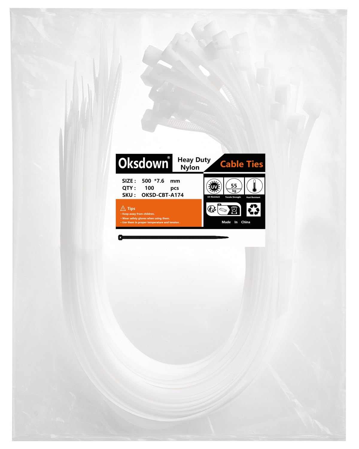 Oksdown 100 Pack White Thick Cable Ties Heavy Duty Large 500mm×7.6mm Strong Clear Nylon Plastic Self Locking 20 inch/50 cm Zip Tie Wraps