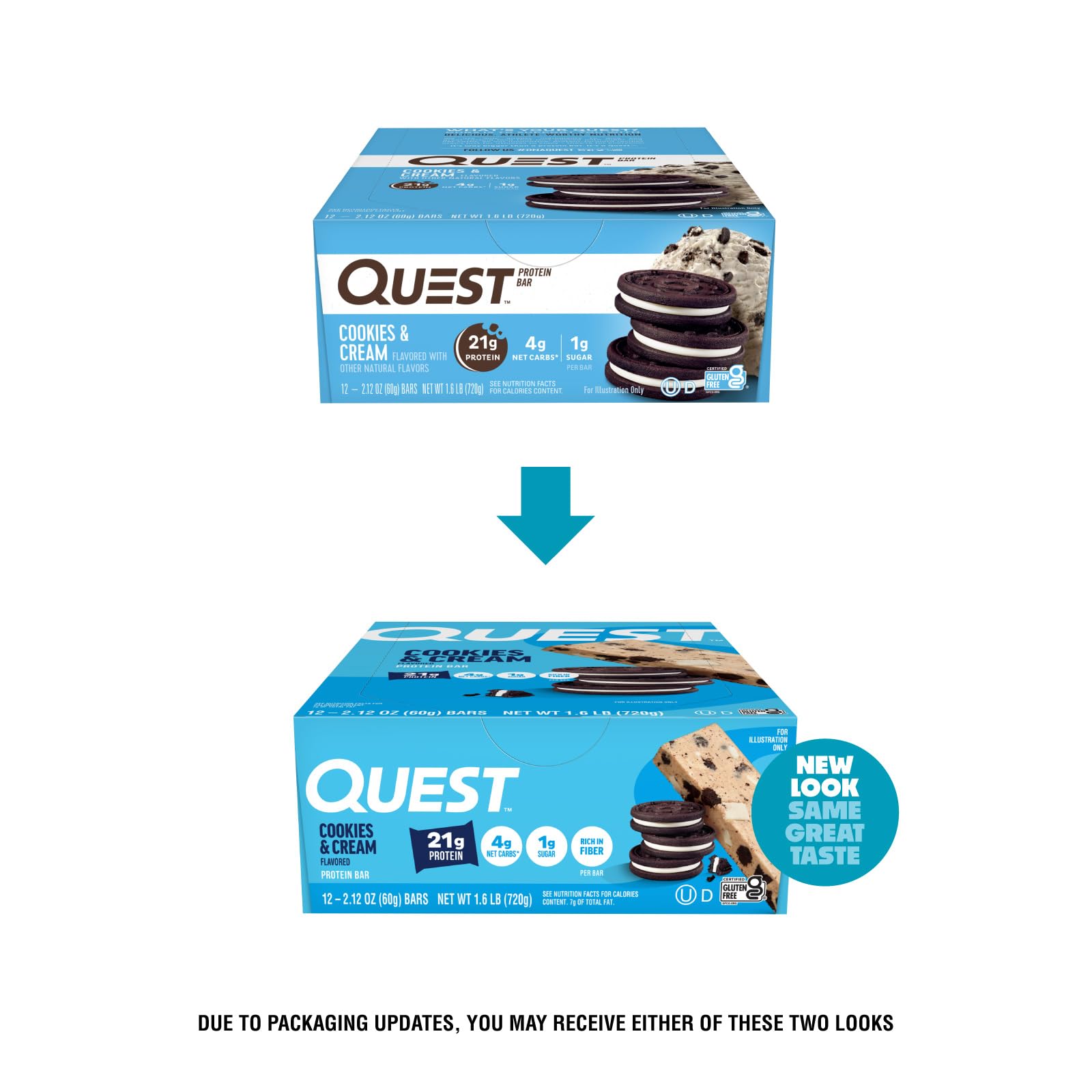 Quest Nutrition Cookies & Cream Protein Bars, 21g Protein, 1g Sugar, 4g Net Carb, High Fiber, Gluten Free, Keto Friendly, 12 Count