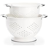 Rorence Powder Coated Steel Colanders: 3 Quart and 5 Quart Set of 2 - White | metal Pasta&amp;Vegetable Strainer，Ergonomic Side Handles，Space-Saving Nesting Design