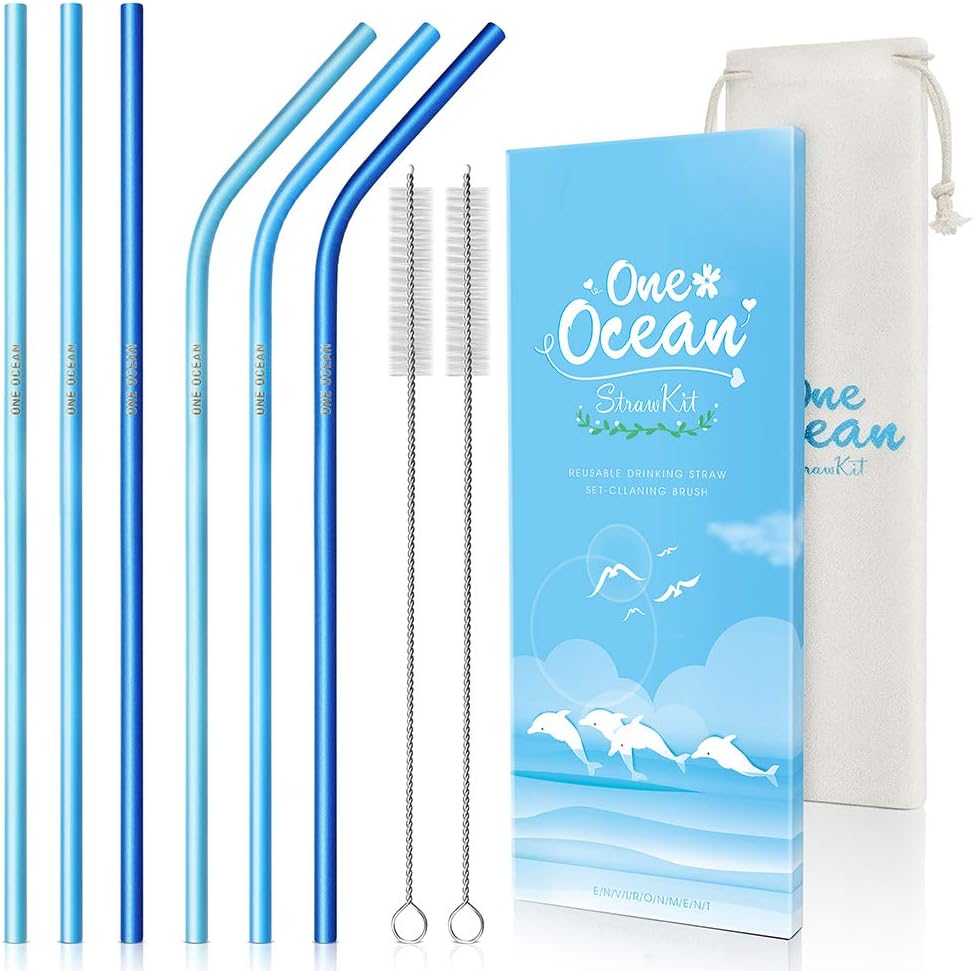 REUSABLE METAL STRAW SET - ONE OCEAN STRAWS Blue Stainless Steel 10.5" Metal Straws 6 pack with Reusable Pouch Case and Cleaning Brush - Blue - Eco Friendly