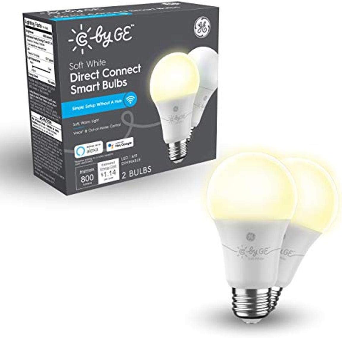 C by GE Soft White Direct Connect Light Bulbs (2 A19 Smart LED Bulbs), 60W Replacement, 2-Pack, Bluetooth Light Bulb, Wi-Fi Light Bulb, Smart Light Bulb Works with Alexa and Google Home Without a Hub