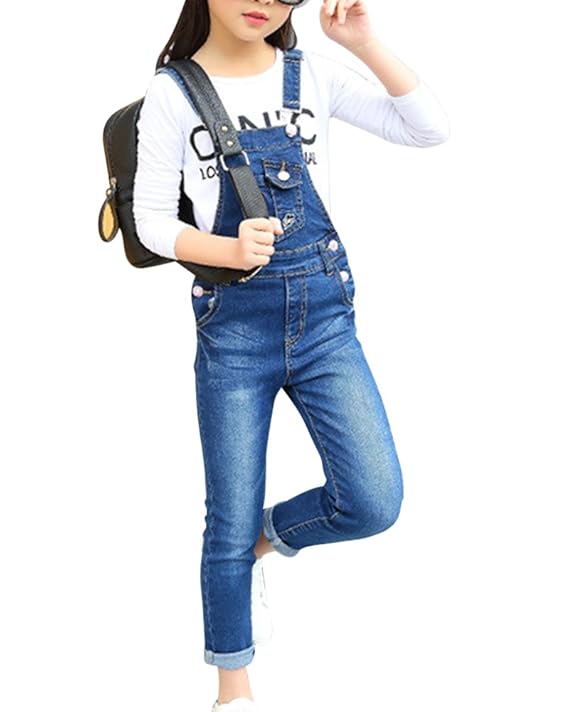 Mädchen Kinder Latzhose Lang Overall Freizeit Jumpsuit Slim Fit Jeanshose mit Stickerei