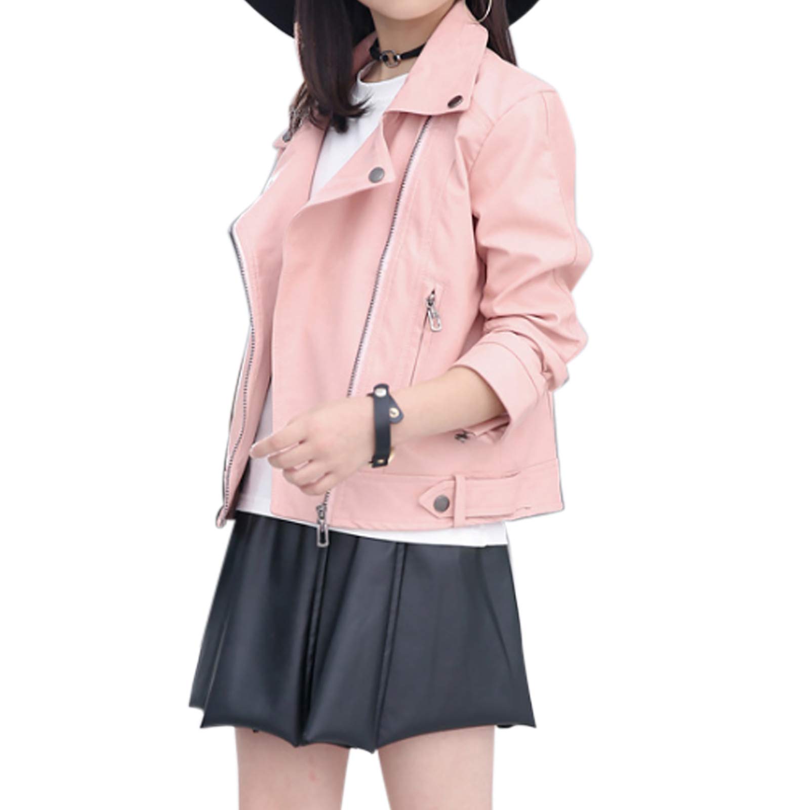 Photo 1 of Elife Girls Fashion PU Leather Motorcycle Jacket Children's Outerwear Slim Coat Pink 11-12Y …