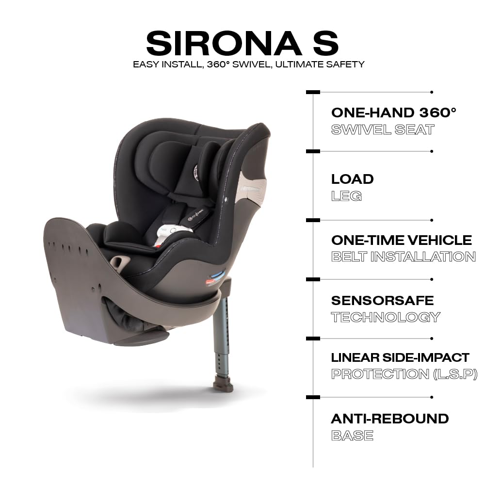 Cybex Sirona S with Convertible Car Seat, 360° Rotating Seat, Rear-Facing or Forward-Facing Car Seat, Easy Installation, SensorSafe Chest Clip, Instant Safety Alerts, Urban Black