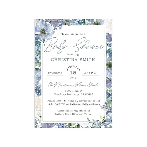 Amazon Com Dusty Blue Baby Shower Invitations Watercolor Floral