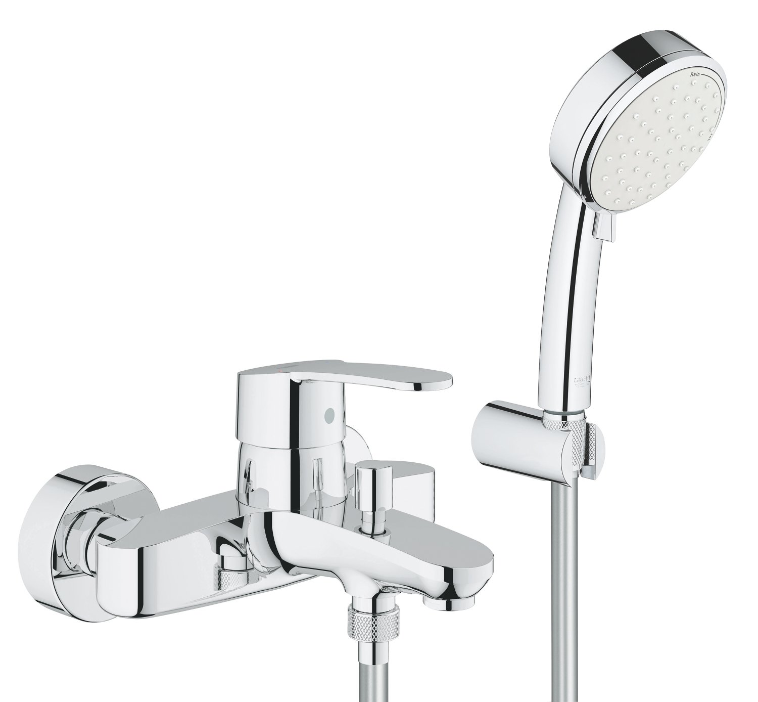 GROHE Eurostyle Cosmopolitan Single-Lever Bath Mixer; Chrome Wall-Mounted Tap with 2-Spray Hand Shower, Hose and Holder 3359220A