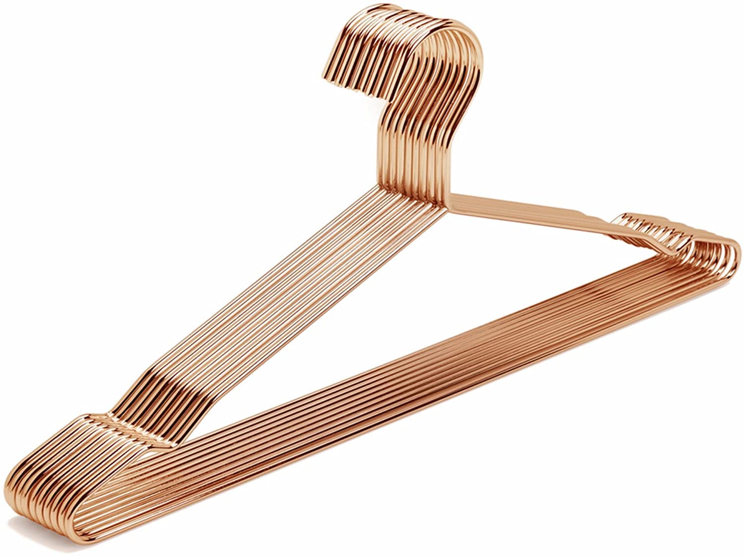 Amber Home 43cm Shiny Rose Gold Metal Coat Hanger 10pcs, Space Saving Metal Clothes Hangers with Notches, Heavy Duty Strong Metal Wire Hanger for Blouse Dress Shirt Jacket Pants