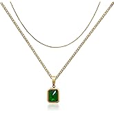 Teppdfann 14K Gold Plated Layered Necklace Emerald Green Necklace for Women Tiny Birthstone Pendant Necklace Emerald Green Jewelry for Gift